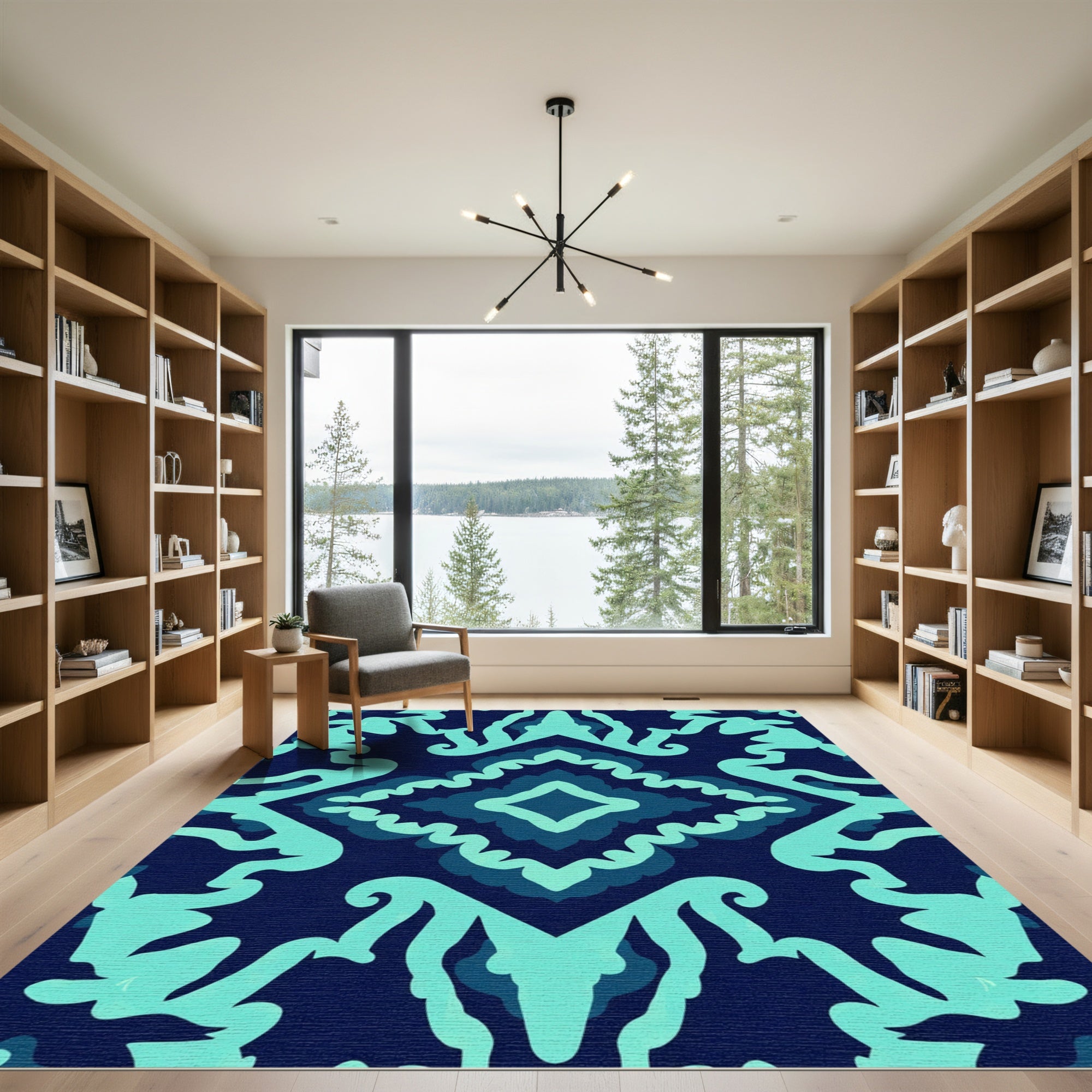 Navy Teal Abstract Diamond Ornament Rug