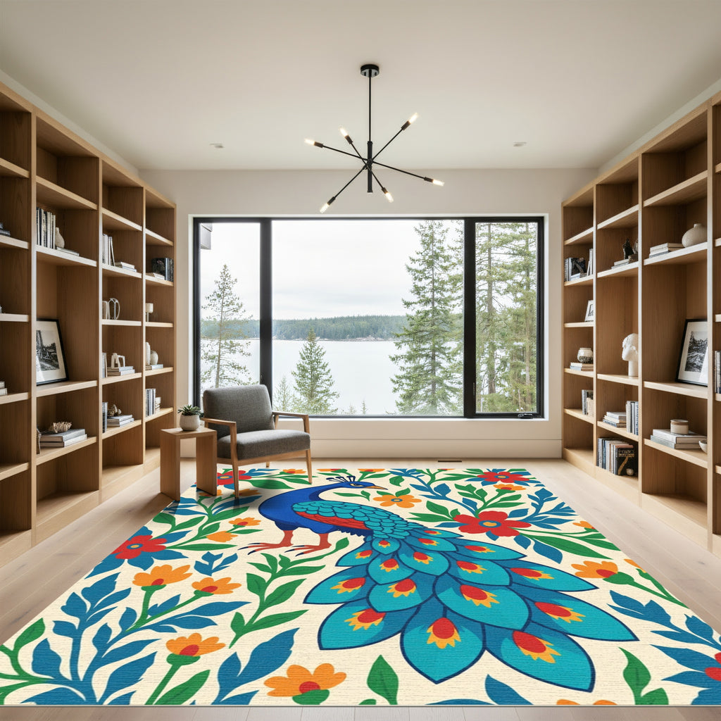 Bright Blue Peacock Floral Garden Rug