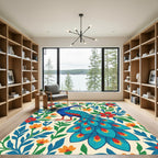 Bright Blue Peacock Floral Garden Rug