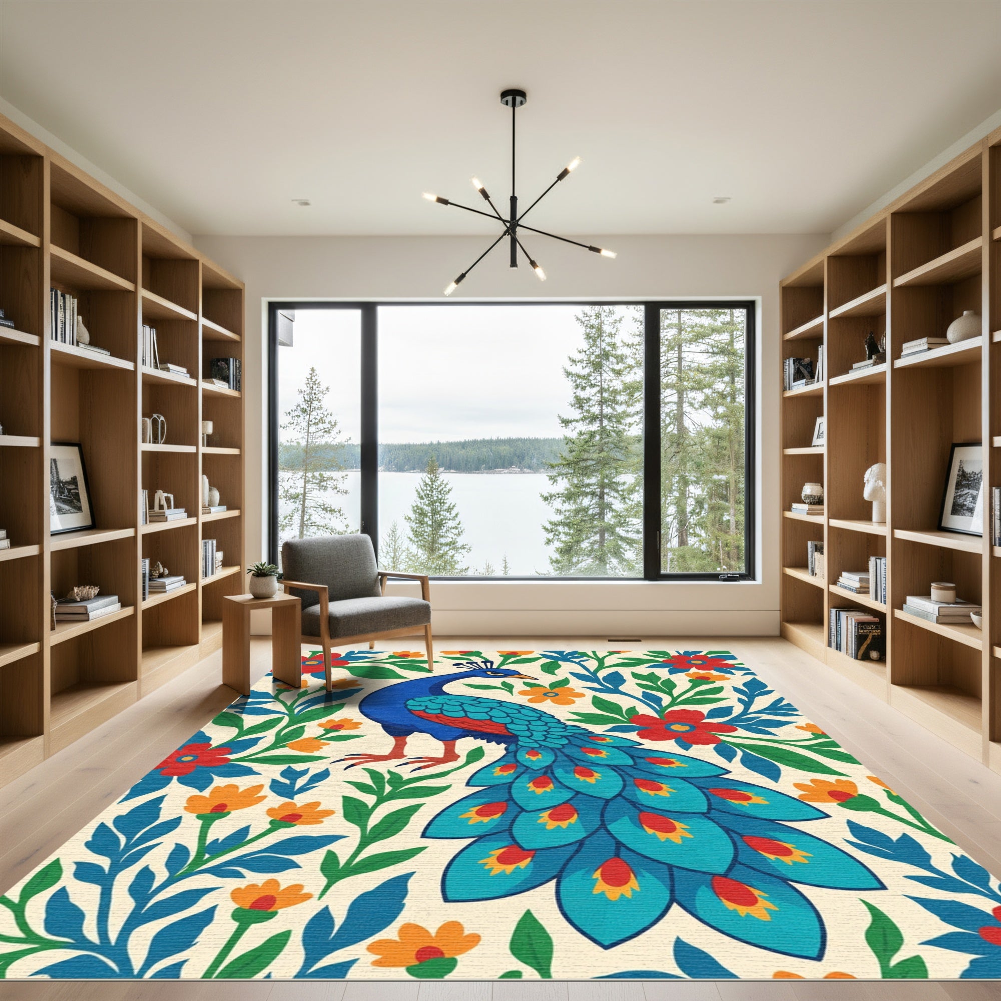 Bright Blue Peacock Floral Garden Rug