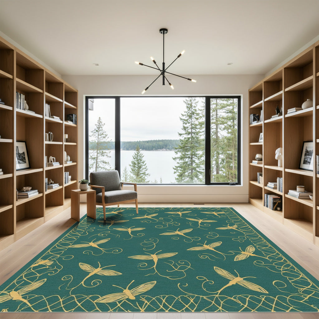 Emerald Dragonflies Scroll Border Rug