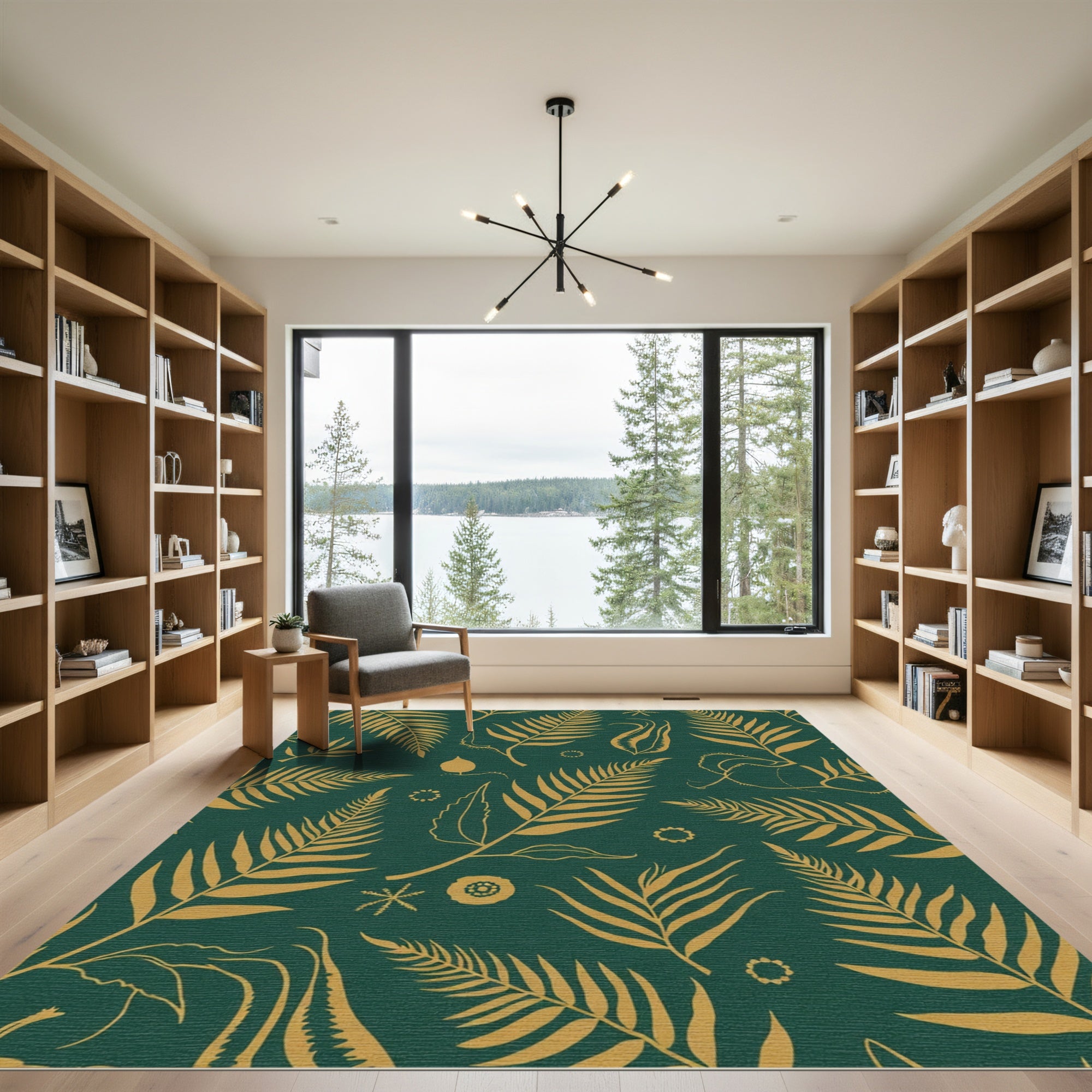 Golden Fern Leaves Botanical Emerald Rug