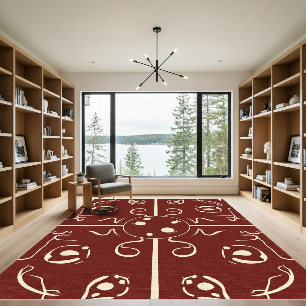 Crimson Sun Face Abstract Vines Rug
