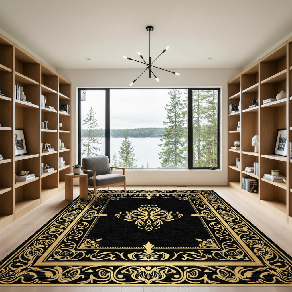 Elegant Black Gold Floral Medallion Rug