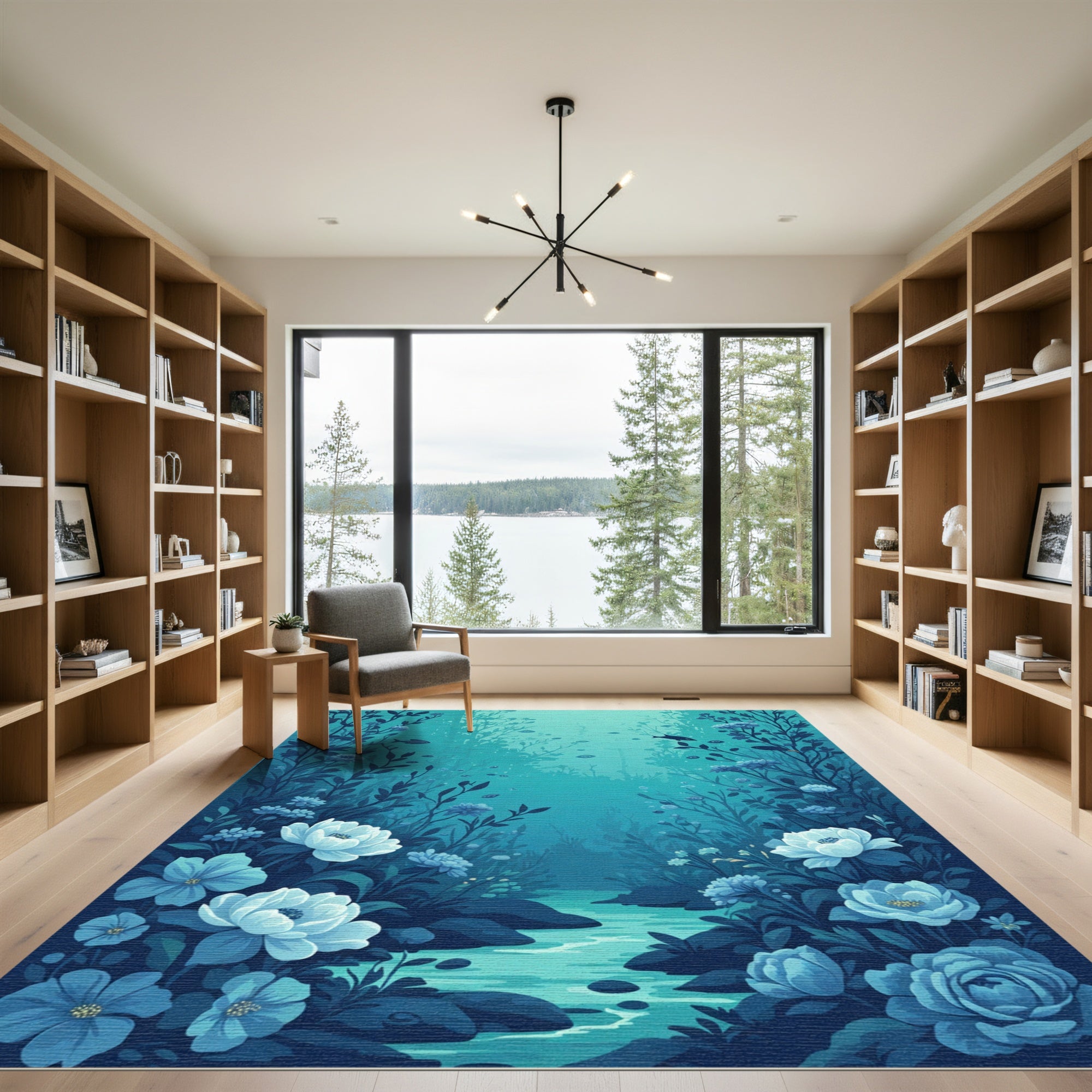 Deep Blue Underwater Floral Garden Rug