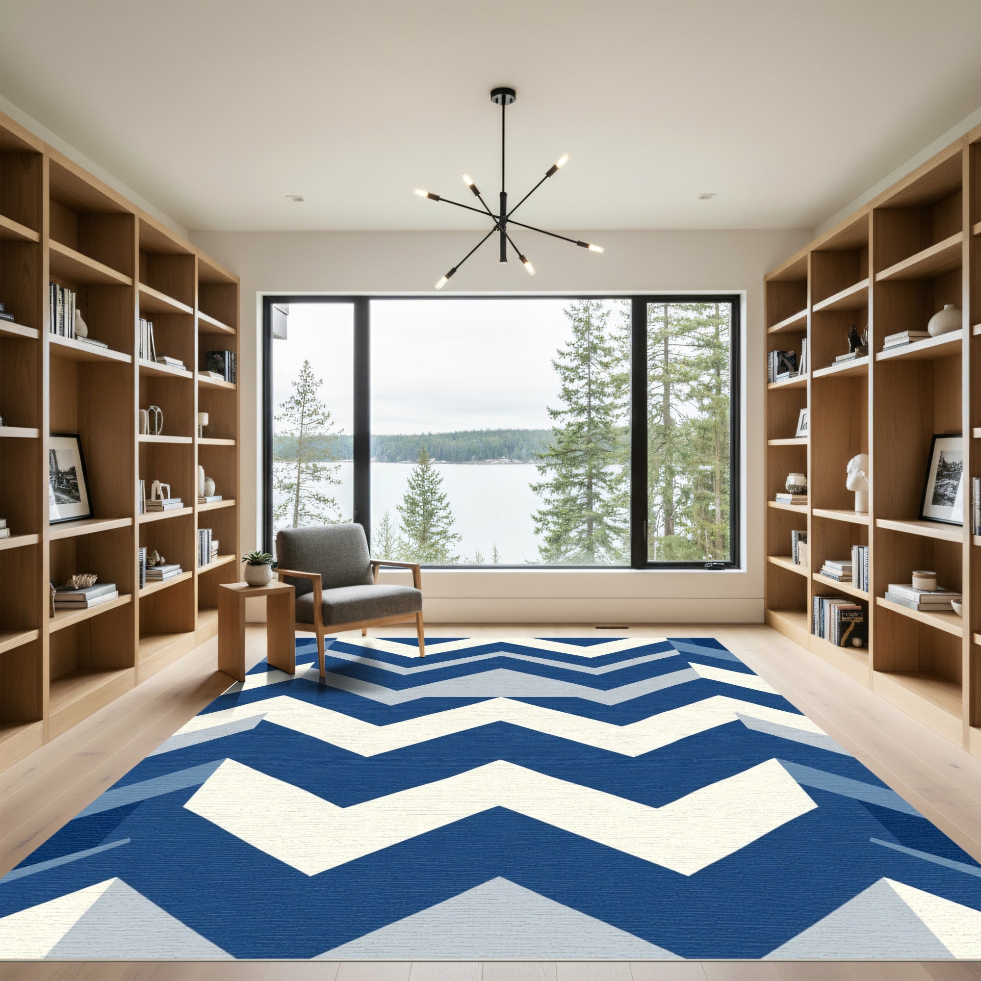 Geometric Blue Chevron Abstract Rug
