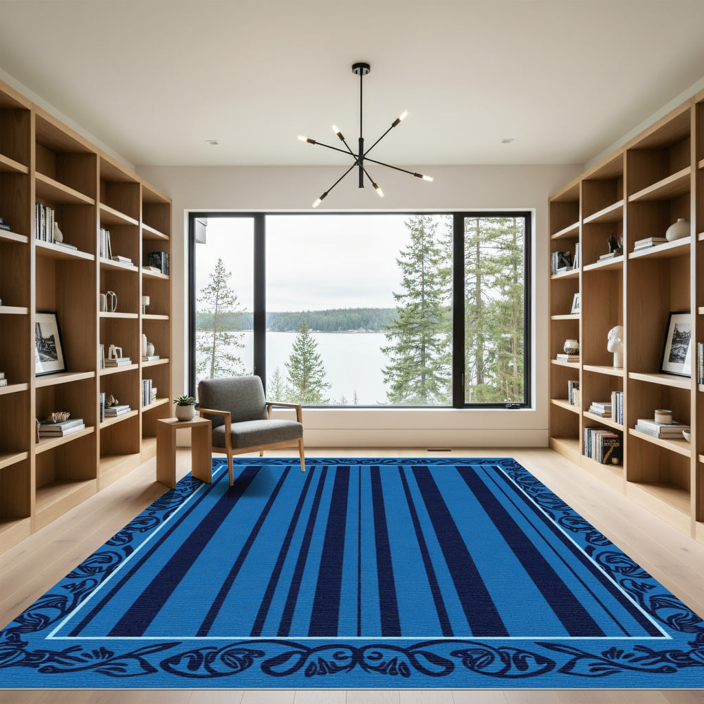 Classic Blue Striped Ornate Frame Rug