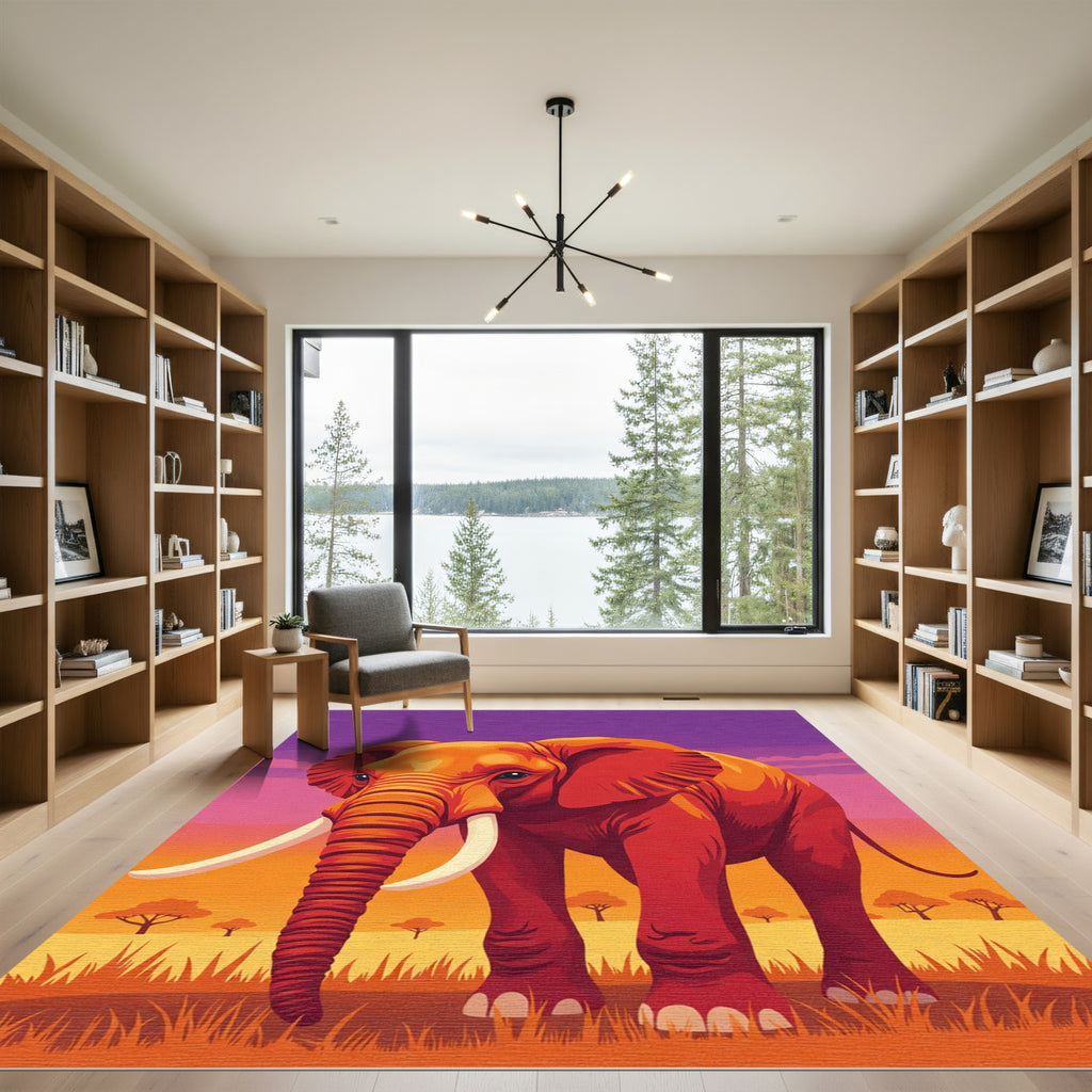 Orange Elephant Savannah Sunset Sky Rug