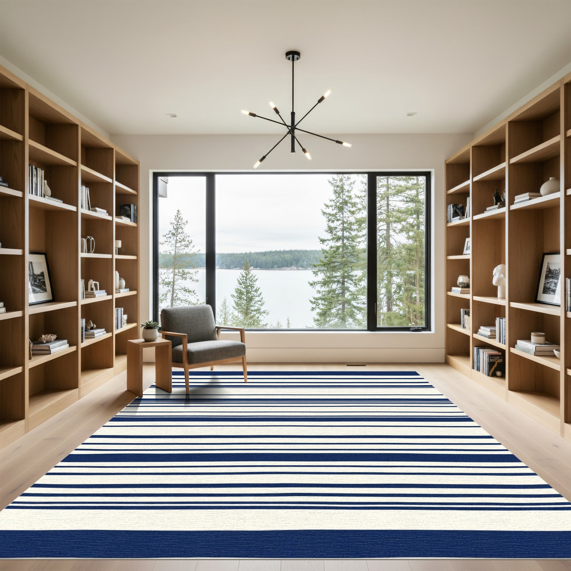 Navy Blue Cream Horizontal Striped Rug