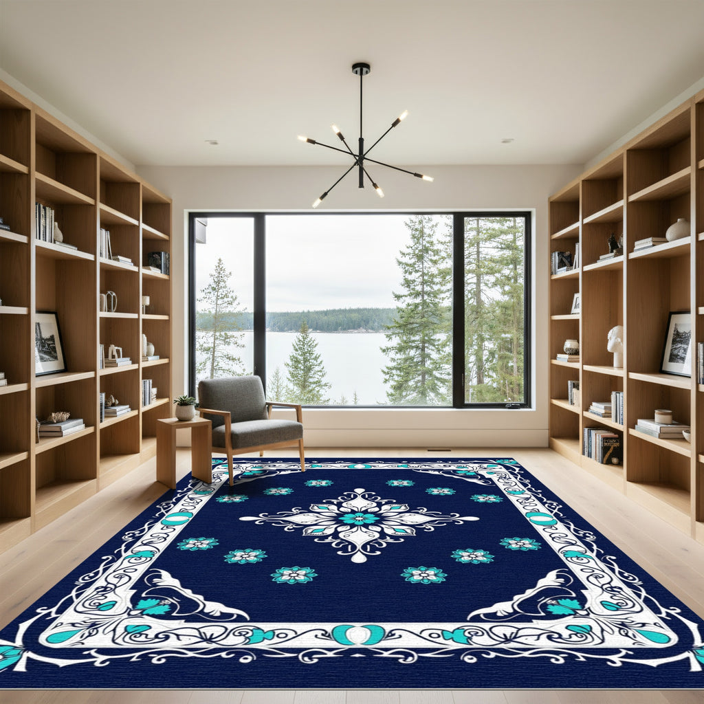 Navy Blue Turquoise Floral Diamond Medallion Rug