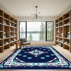 Navy Blue Turquoise Floral Diamond Medallion Rug