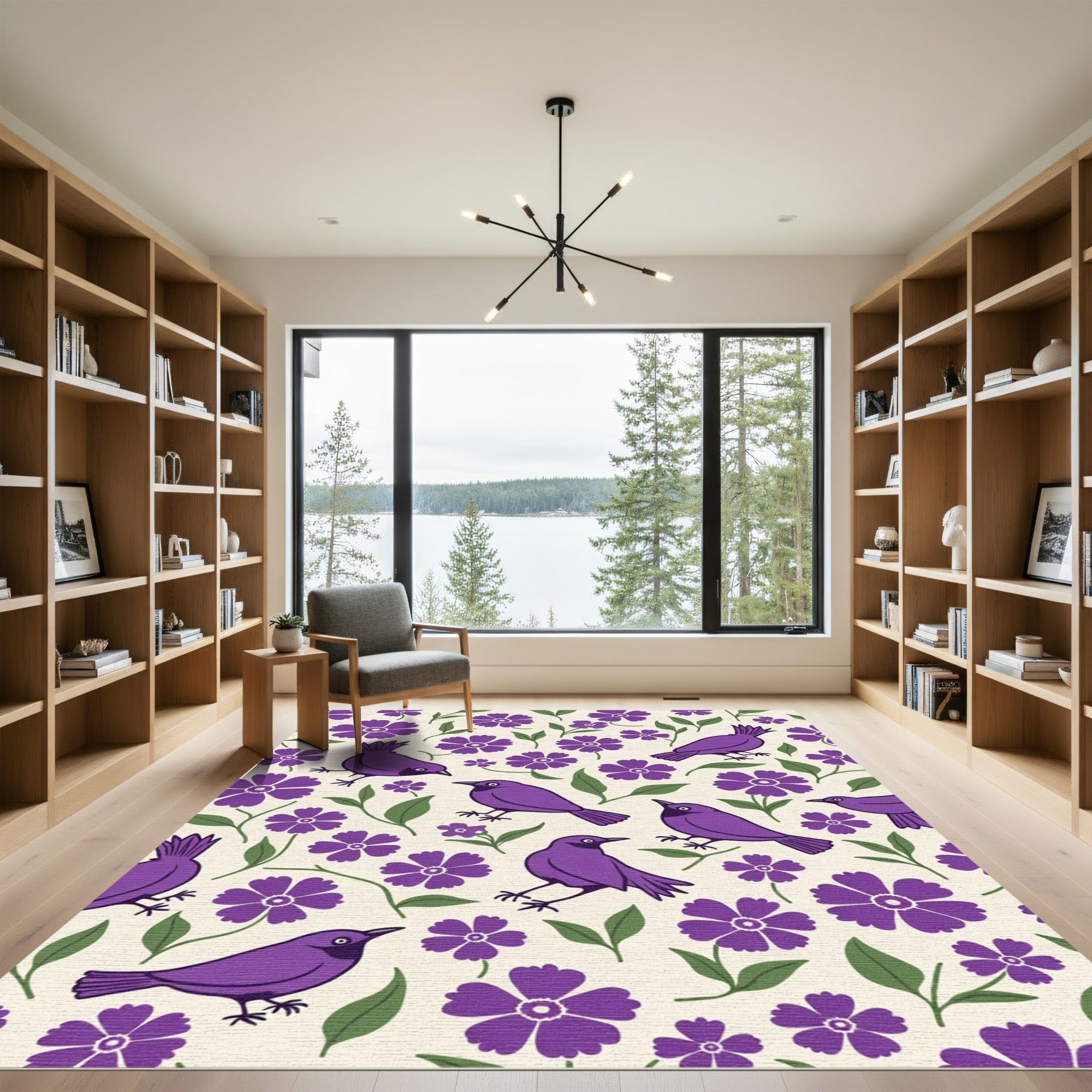 Purple Birds Among Violet Flowers Rug