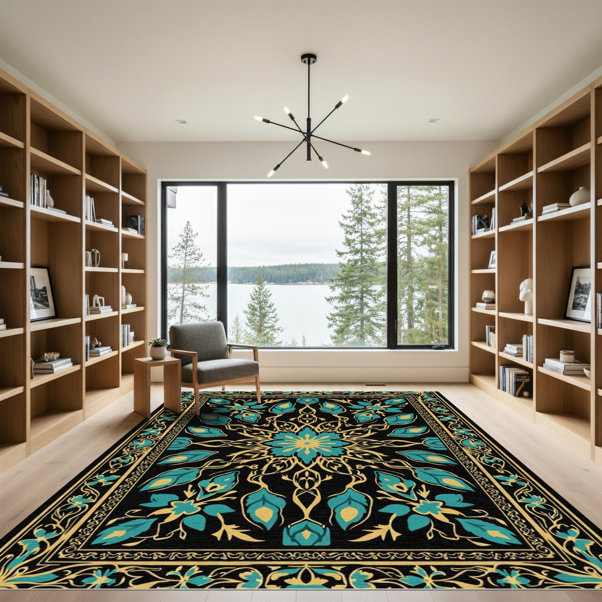 Black Teal Gold Floral Medallion Rug