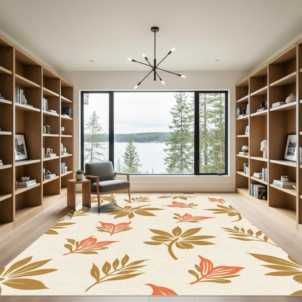 Golden Leaf and Coral Bloom Arrangement Rug