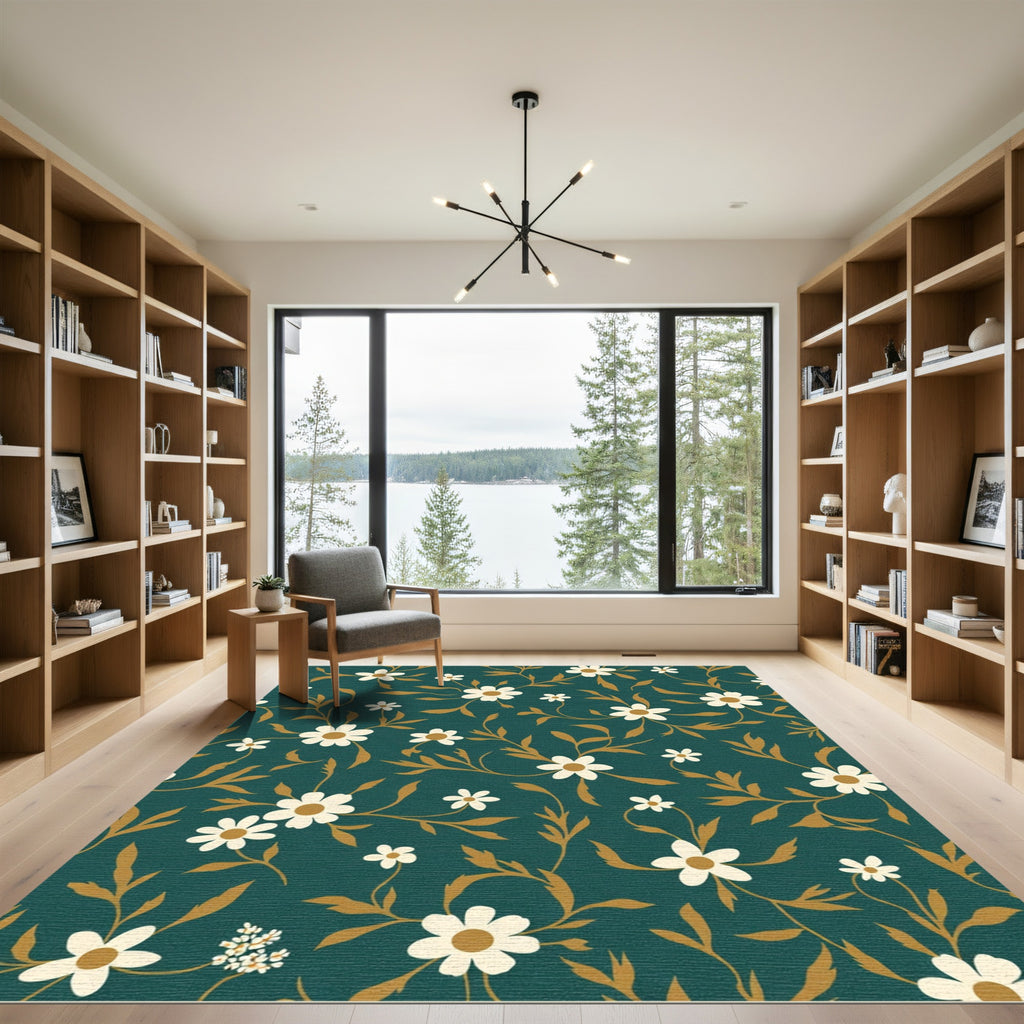 Teal Floral Vines White Blossom Rug