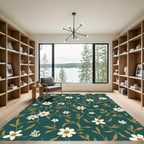 Teal Floral Vines White Blossom Rug