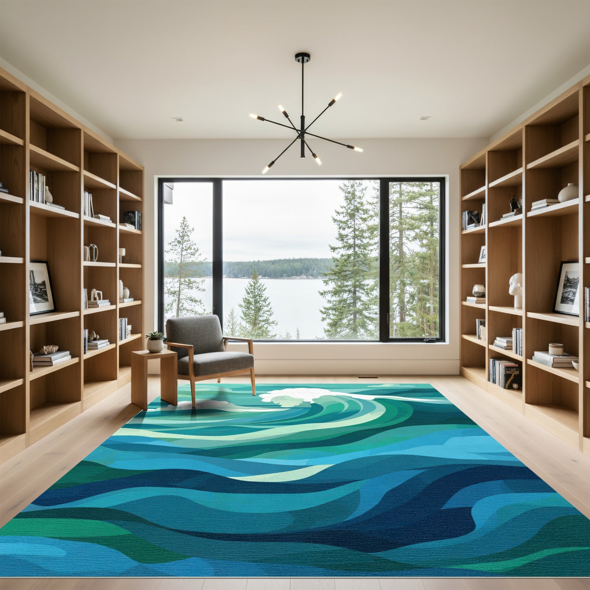 Teal Ocean Wave Abstract Rug
