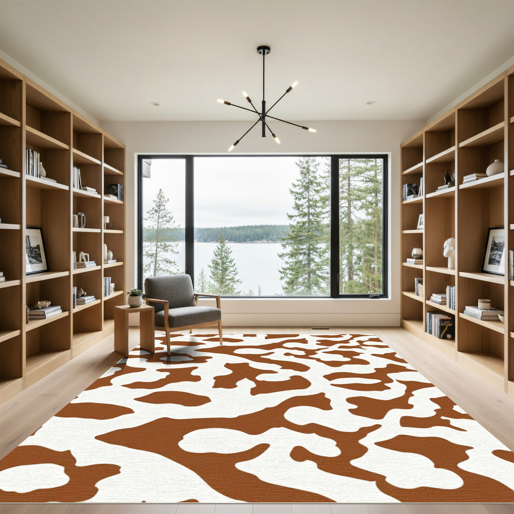 Brown White Abstract Organic Forms Rug