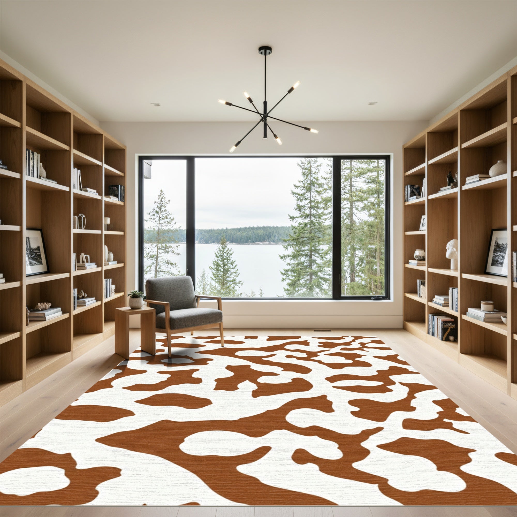 Brown White Abstract Organic Forms Rug