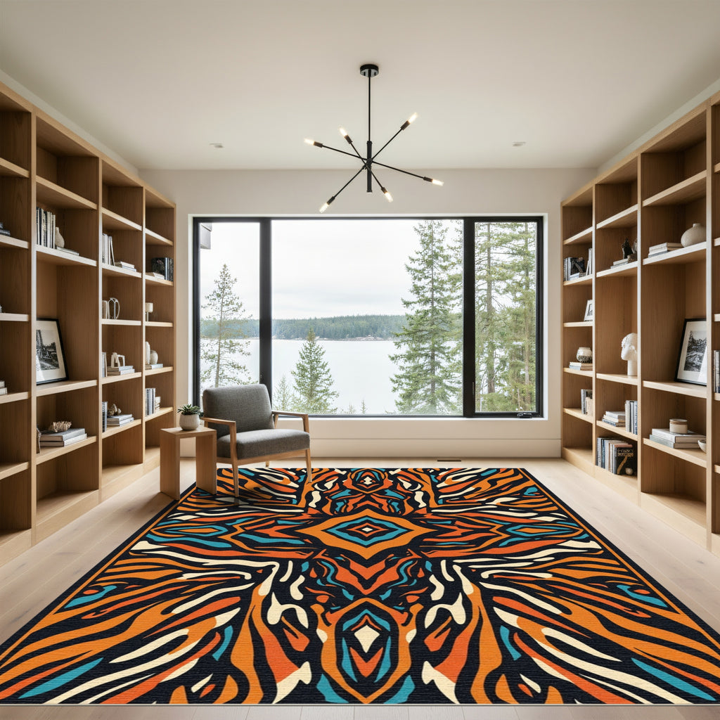 Orange Blue Abstract Zebra Stripe Rug