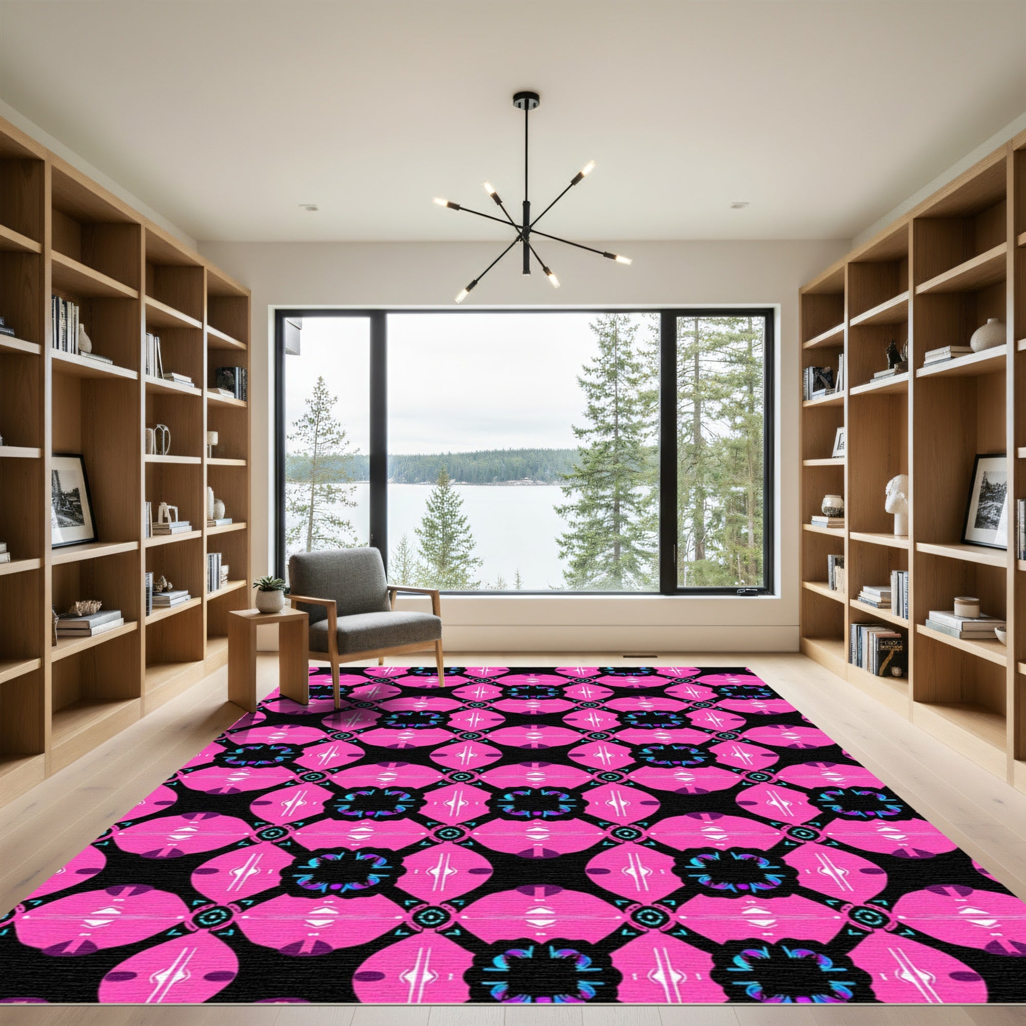 Hot Pink Black Geometric Medallion Rug