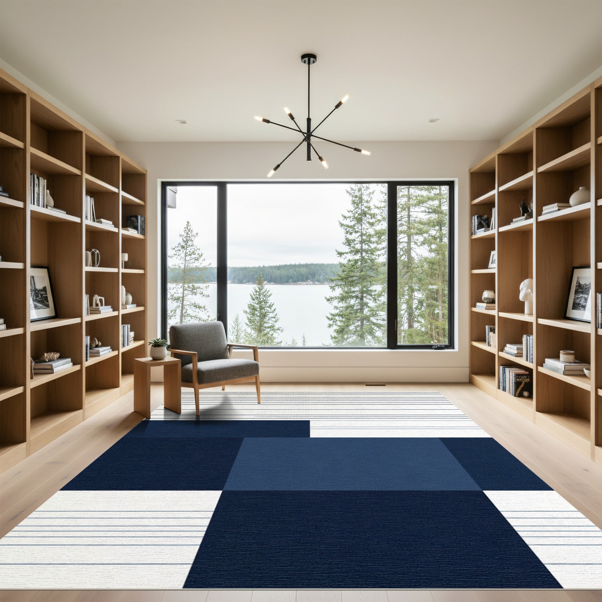 Abstract Navy Blue Geometric Blocks Rug