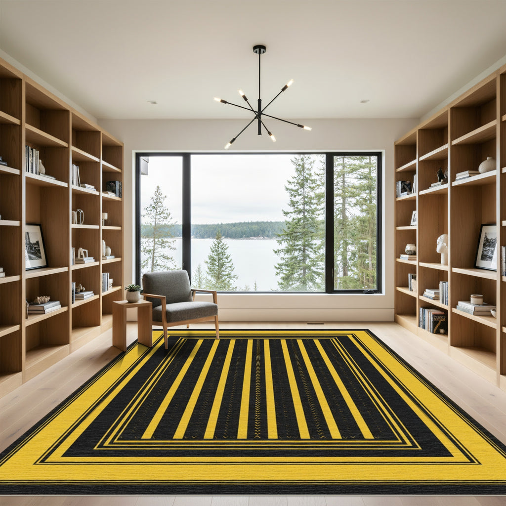 Bold Yellow Black Stripe Border Rug