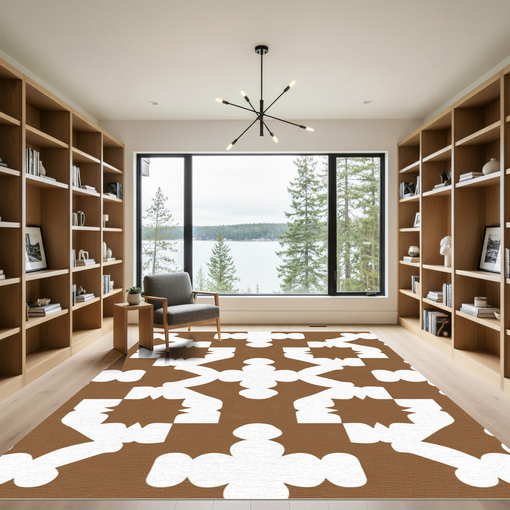 Brown And White Geometric Starburst Rug