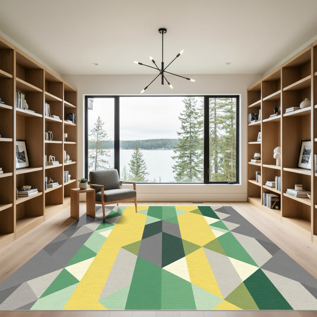 Geometric Yellow Green Gray Blocks Rug
