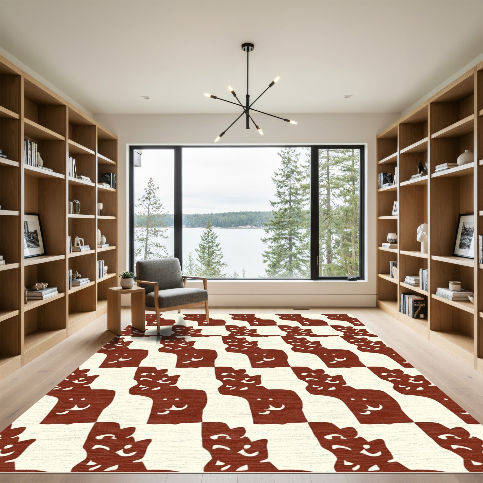 Whimsical Red Cat Grid Rug