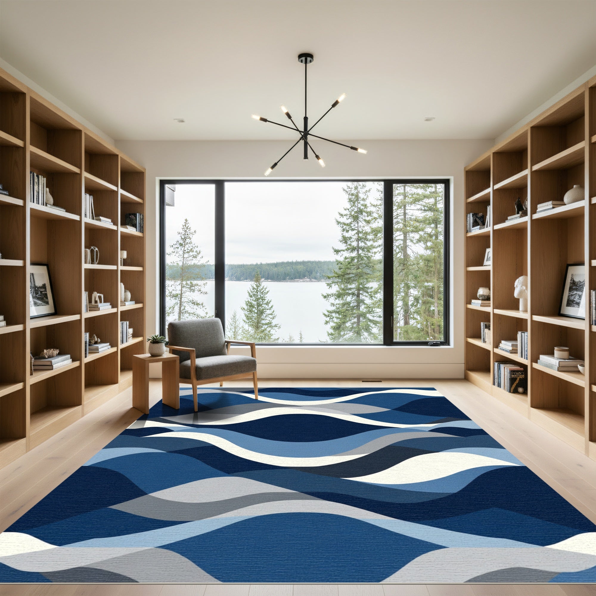 Deep Blue Layered Wave Rug