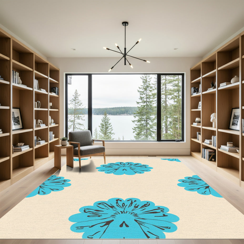 Teal Sunburst Bloom Cream Rug