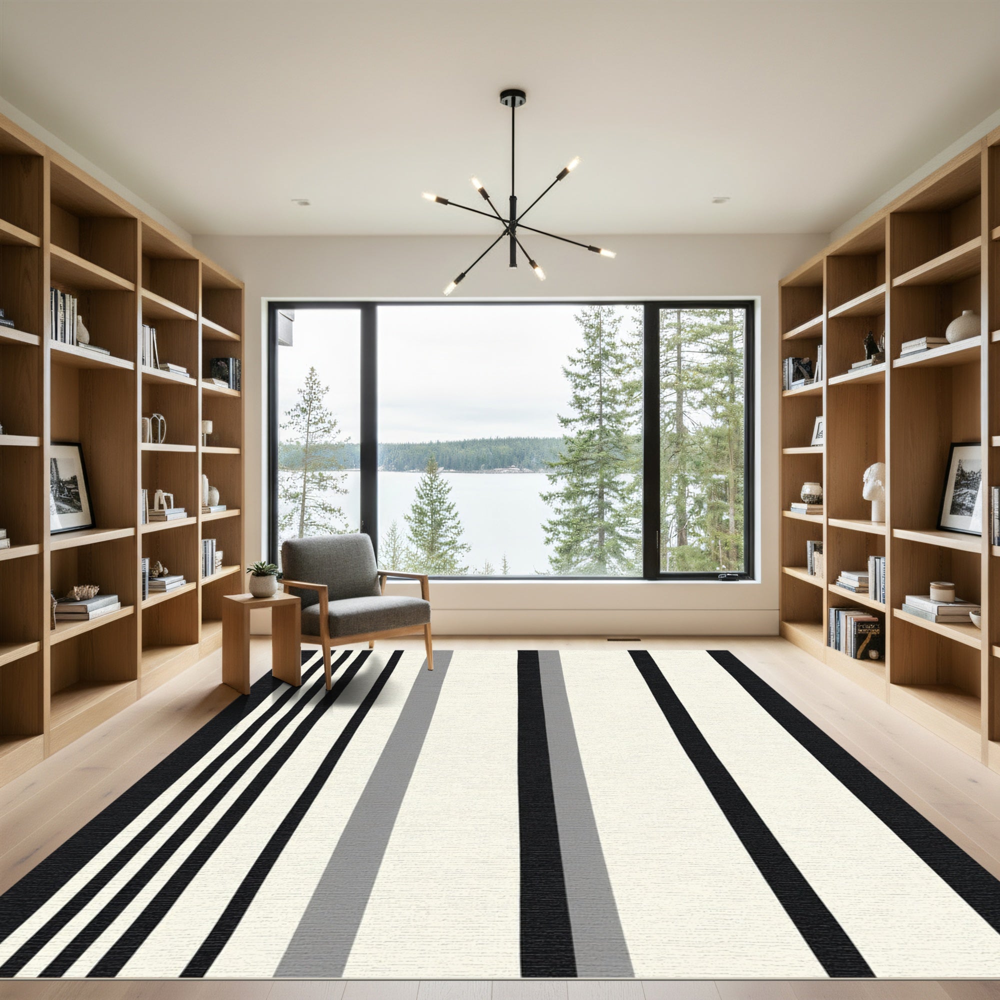 Modern Black White Gray Stripe Rug