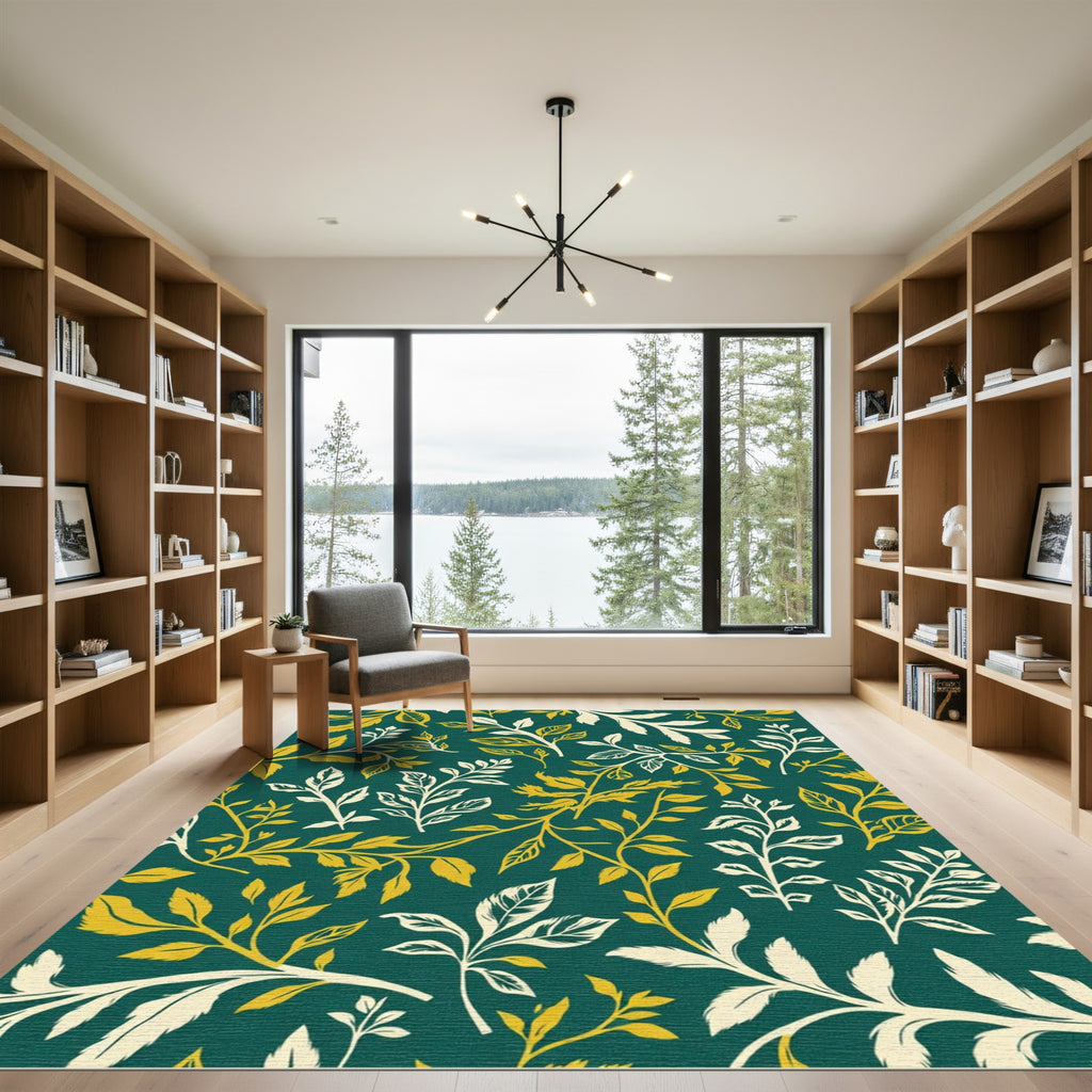Emerald Green Golden Leafy Vines Rug