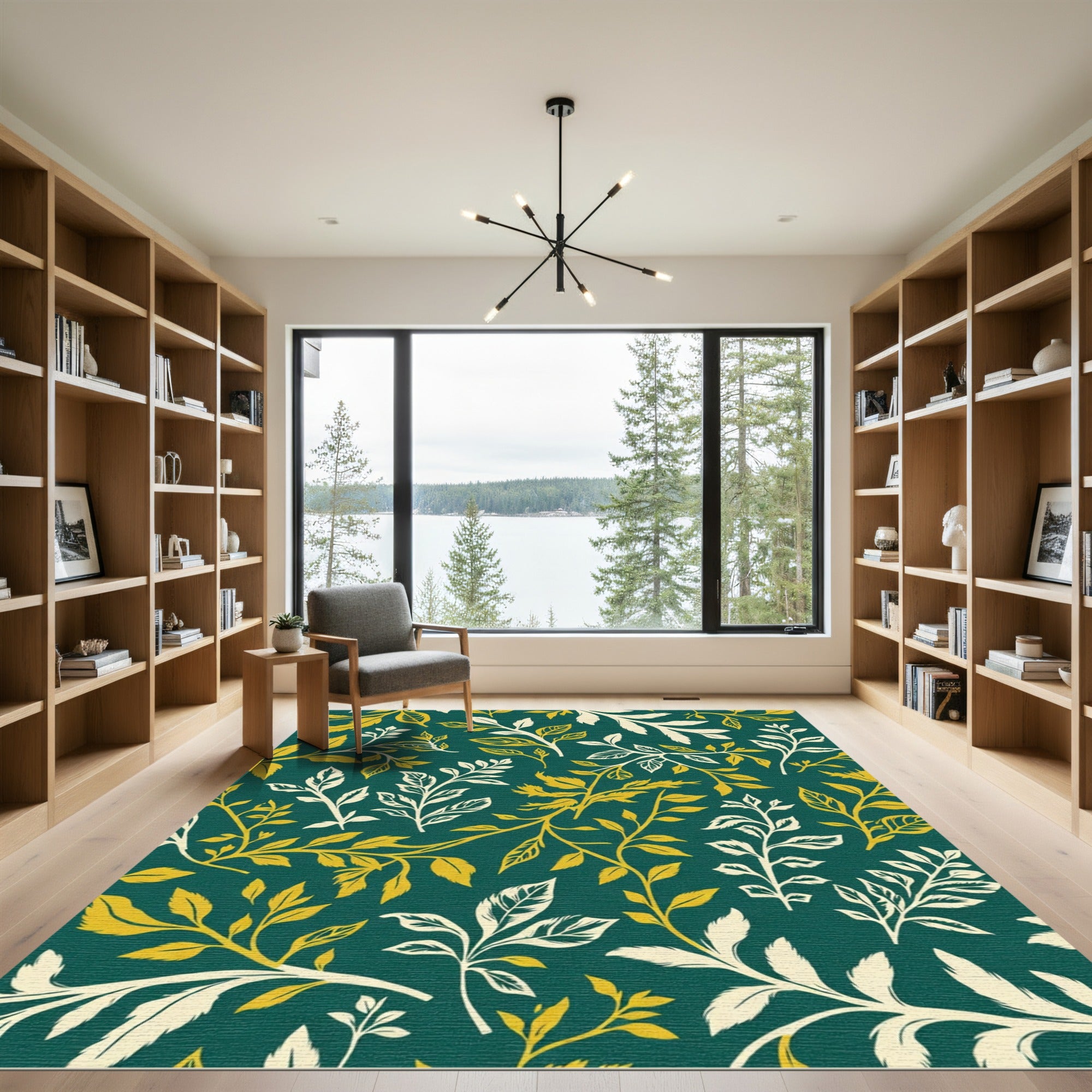 Emerald Green Golden Leafy Vines Rug