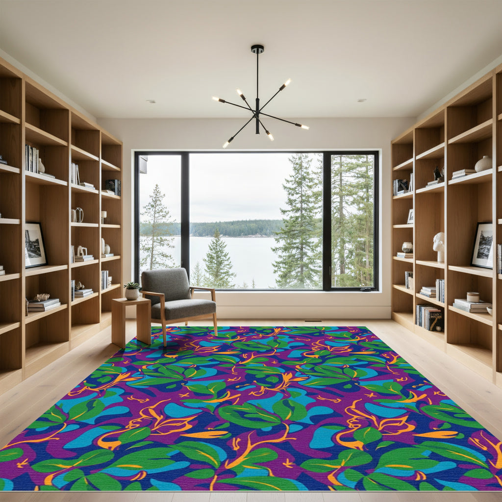 Bold Green Leafy Abstract Purple Rug