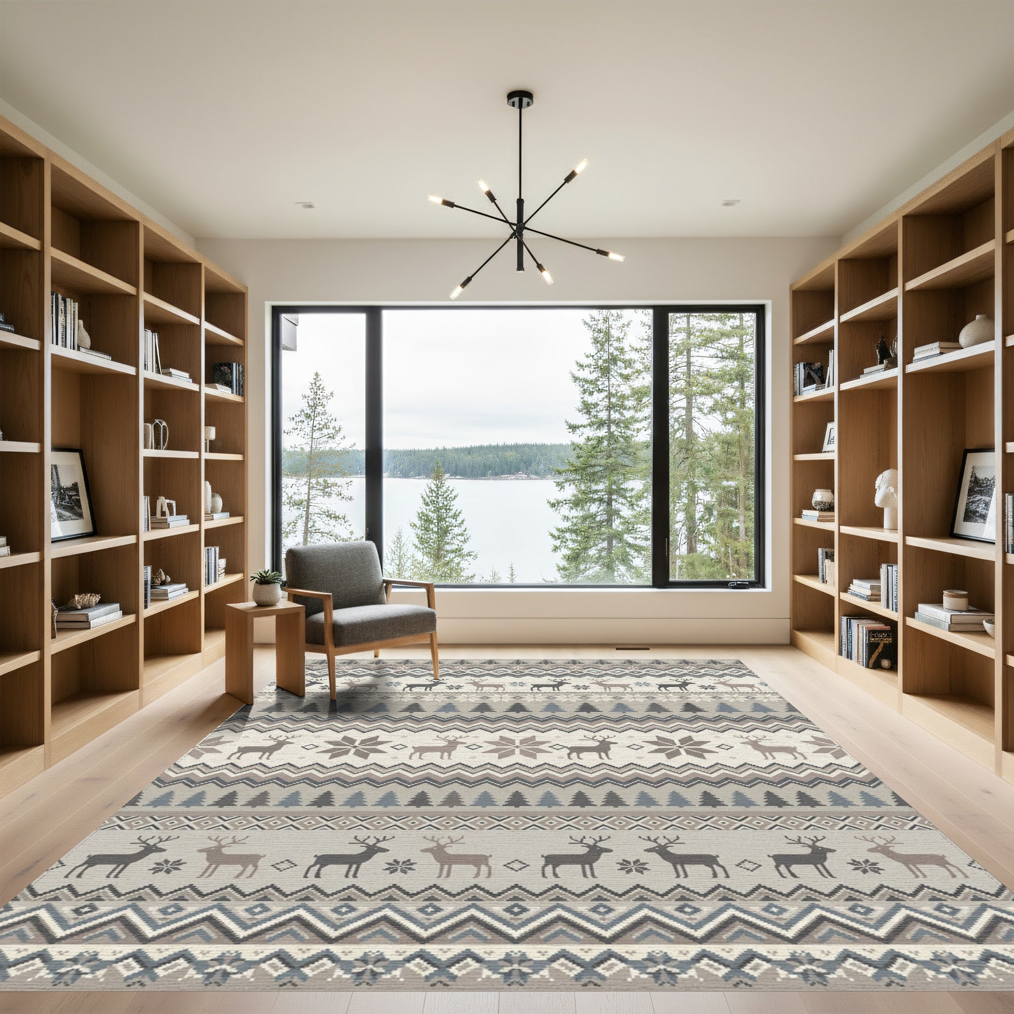 Cozy Nordic Reindeer Forest Stripes Rug