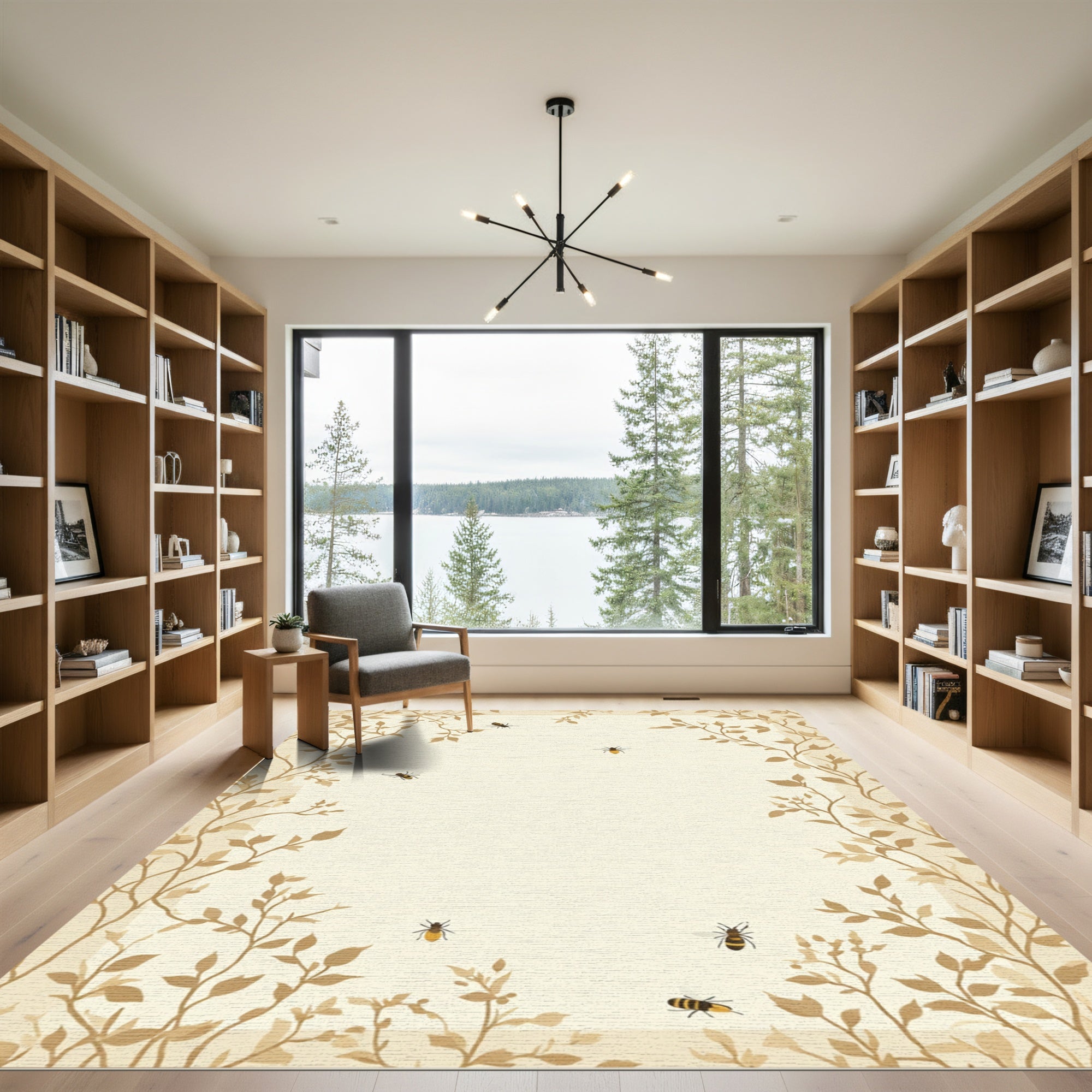 Earthy Brown Botanical Bee Garland Rug