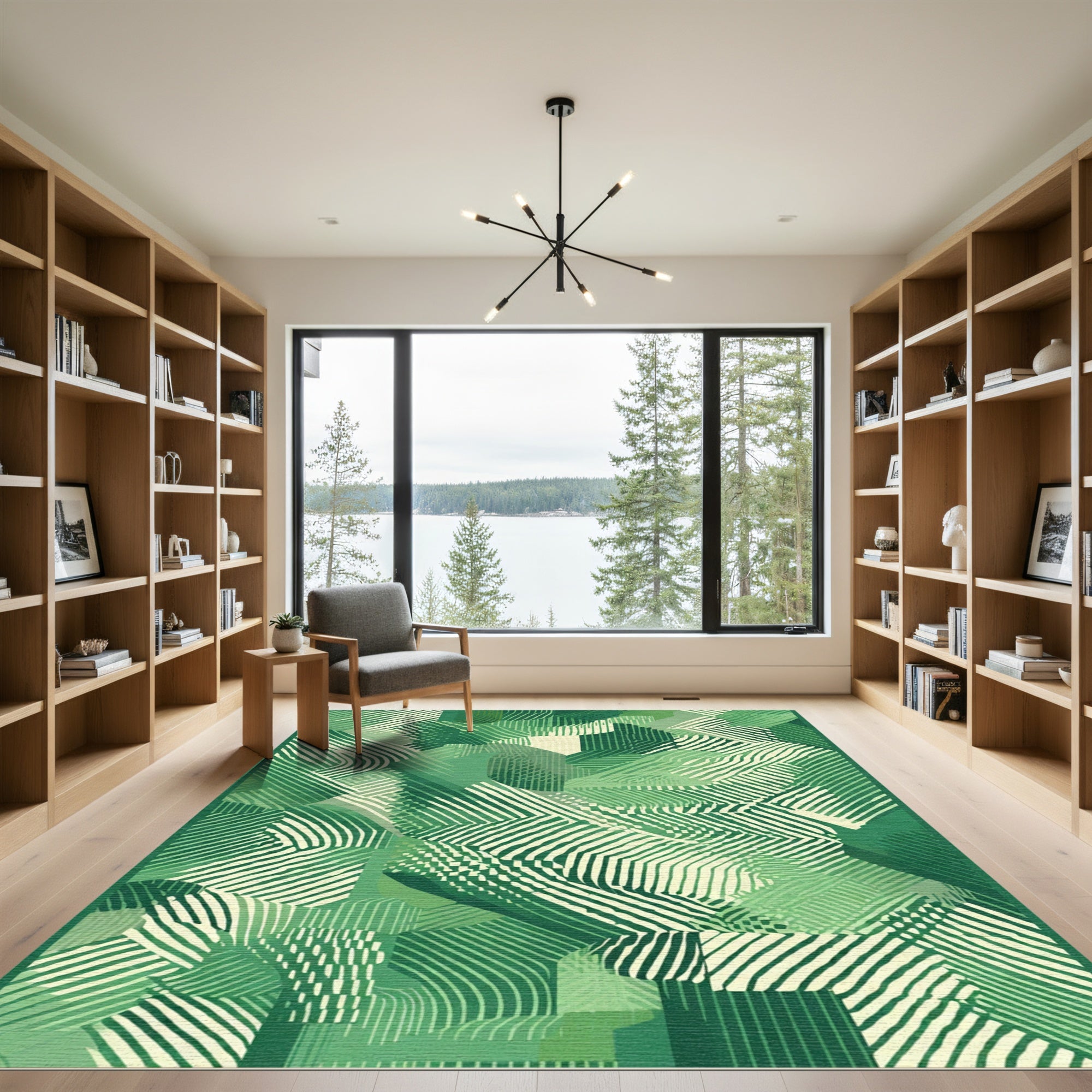 Emerald Green Abstract Line Art Rug