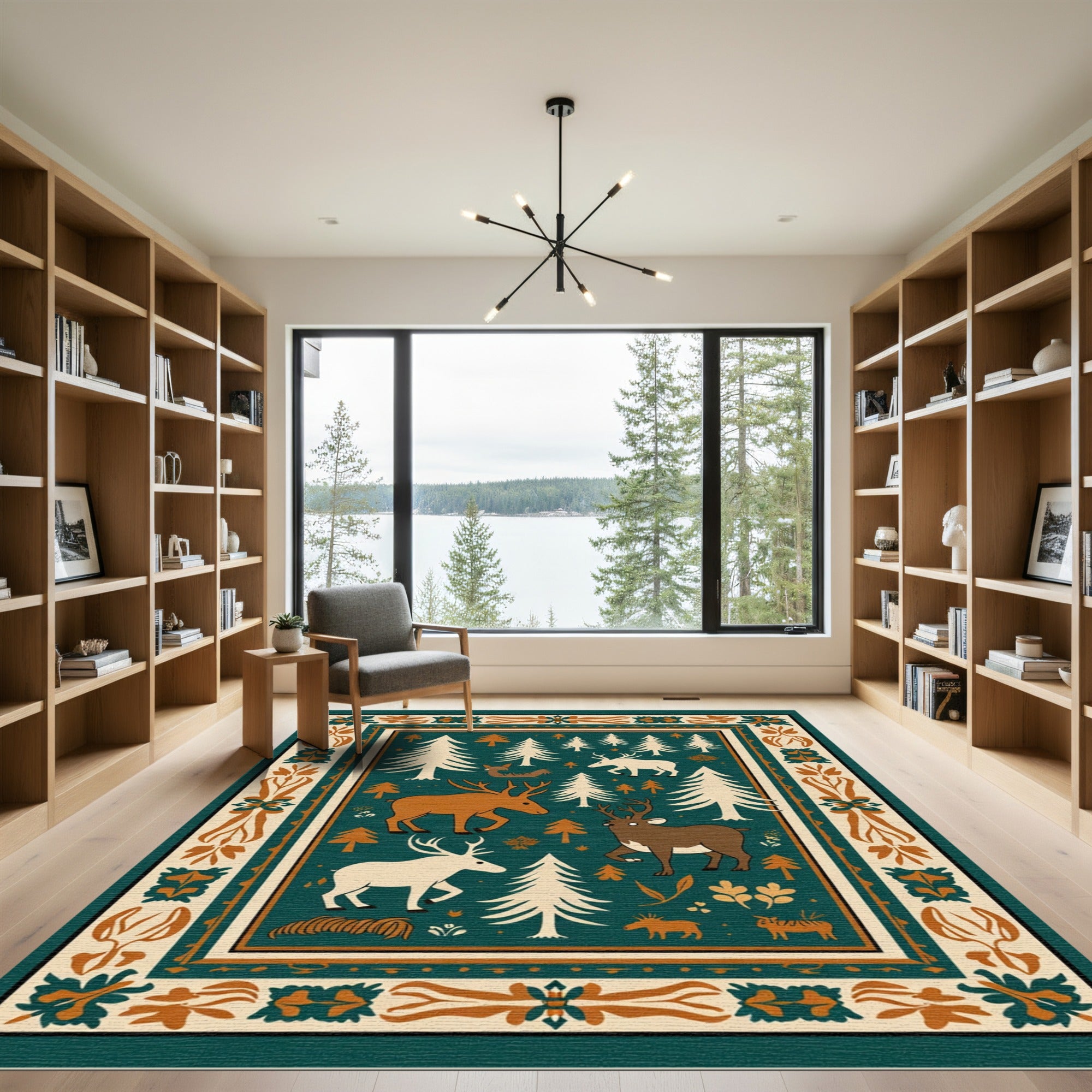 Woodland Forest Deer Trees Border Rug