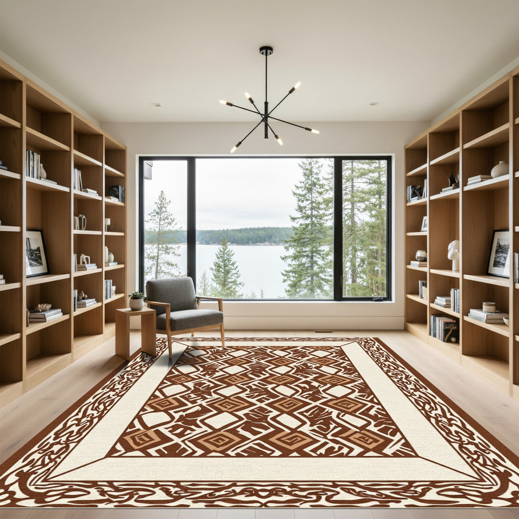 Brown Diamond and Leaf Interlocking Pattern Rug