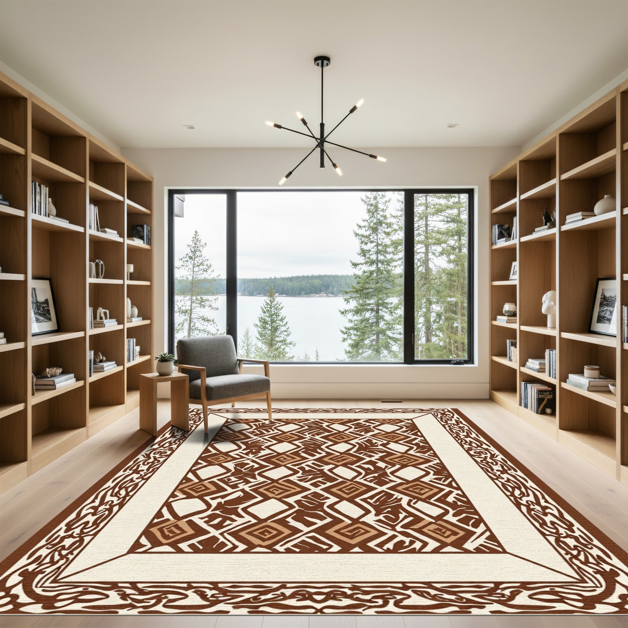 Brown Diamond and Leaf Interlocking Pattern Rug
