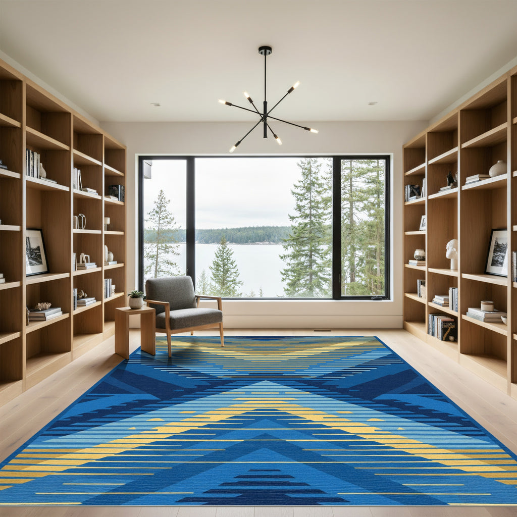 Geometric Blue Gold Chevron Rug