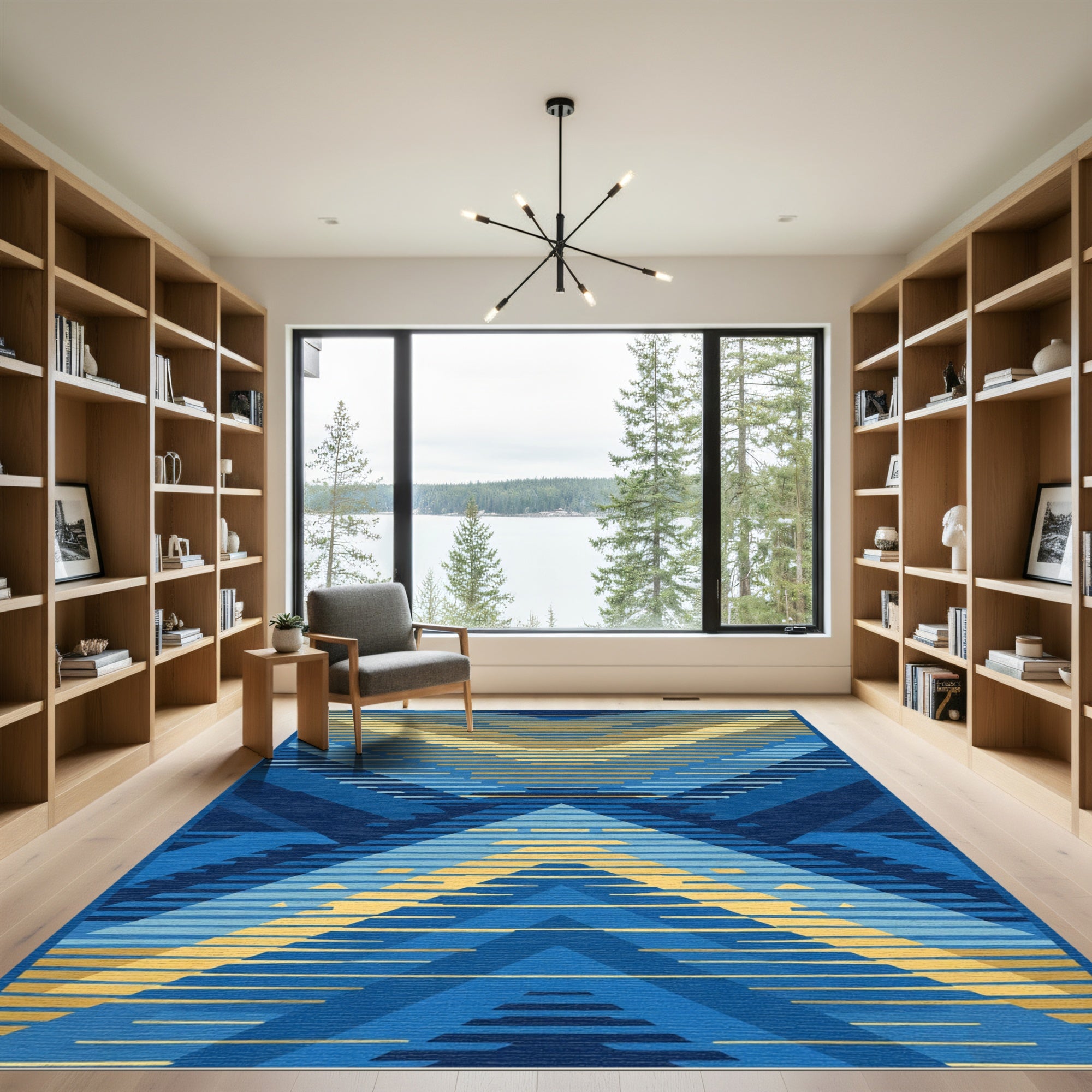 Geometric Blue Gold Chevron Rug