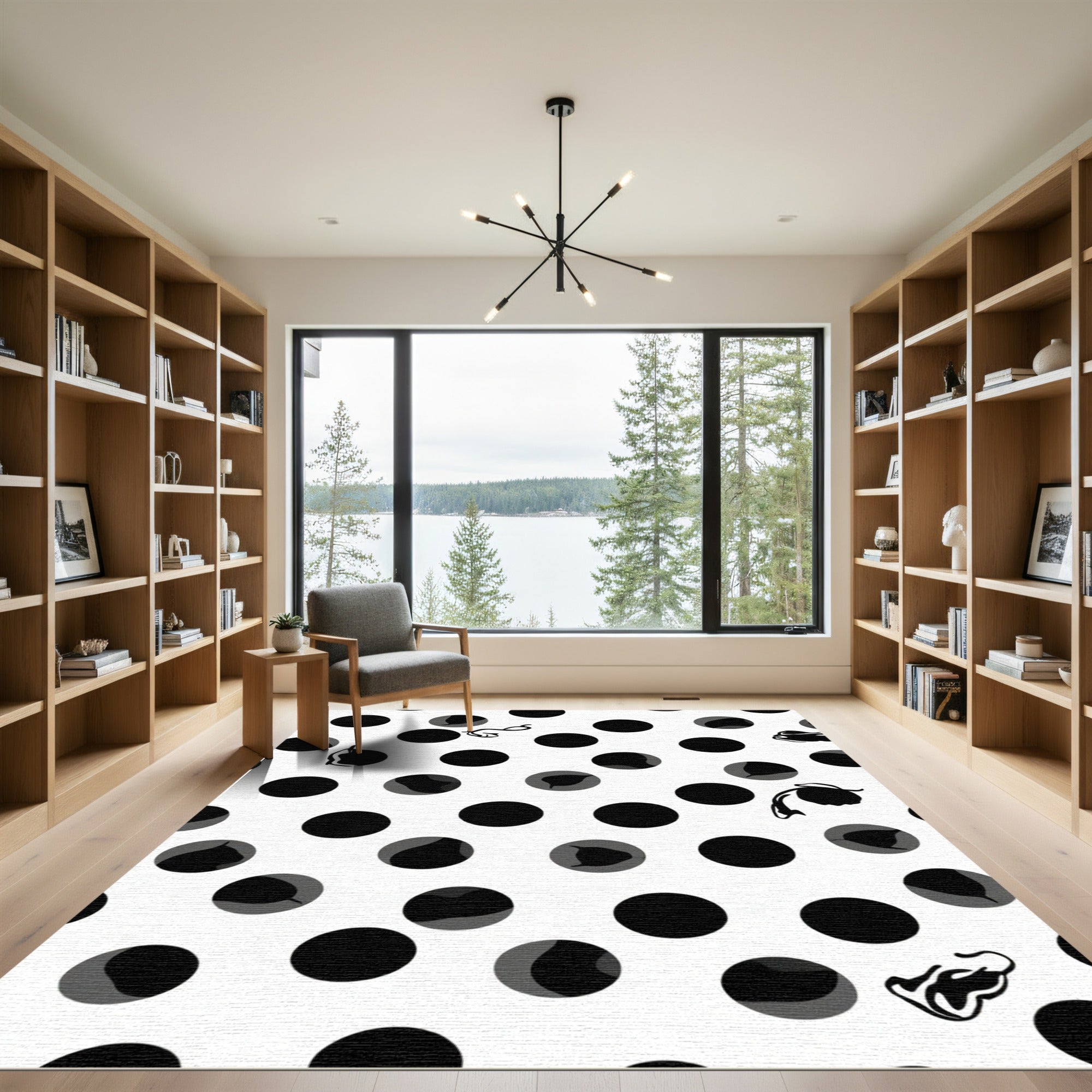 Black White Polka Dot Floral Whimsical Rug
