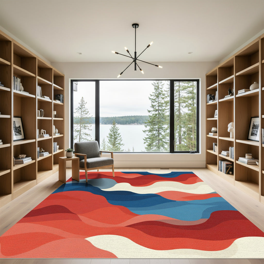 Abstract Red Blue Cream Wave Rug