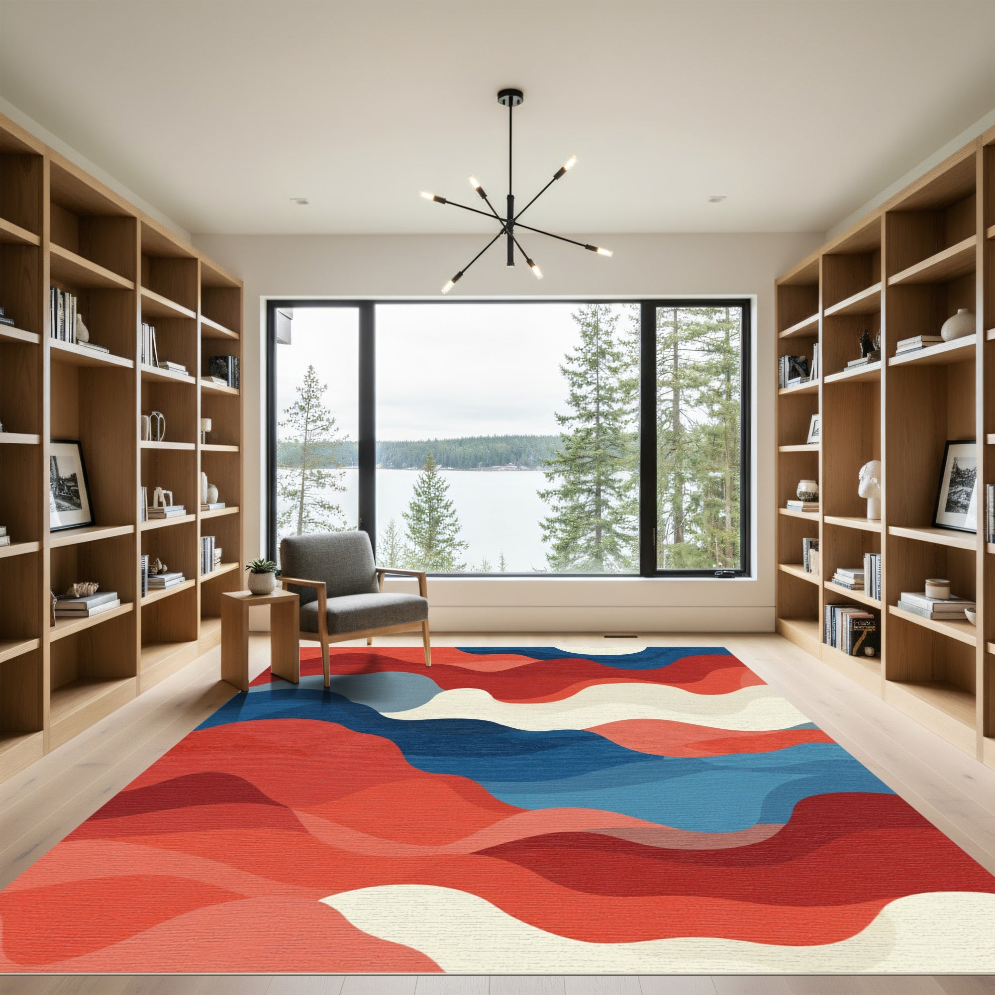 Abstract Red Blue Cream Wave Rug