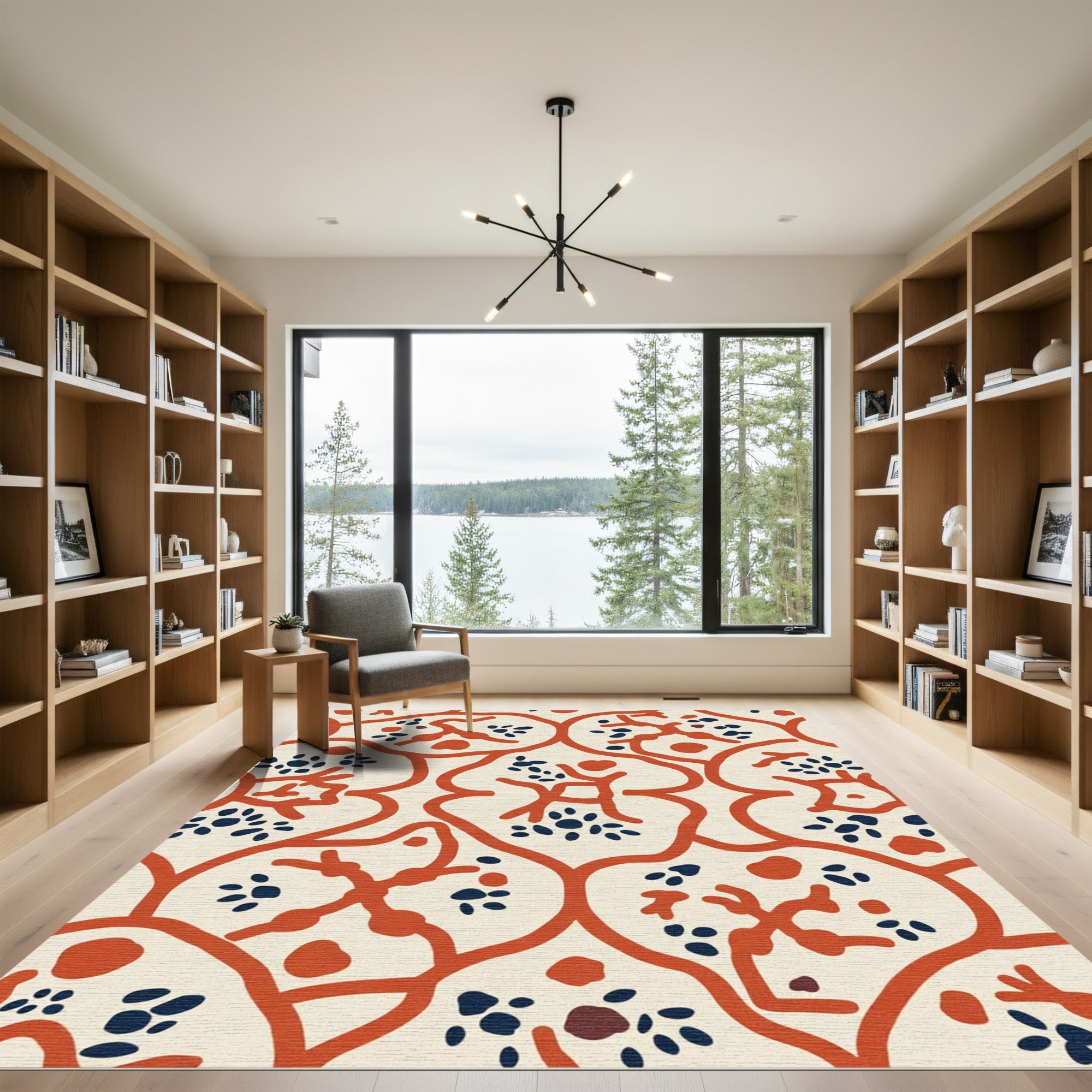 Cream Coral Blue Organic Lattice Rug