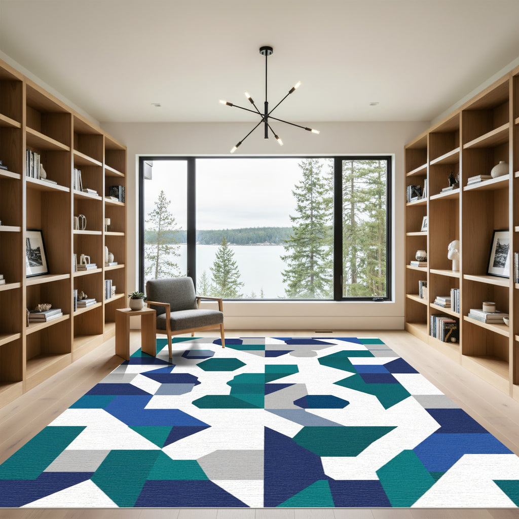 Modern Blue Teal Geometric Abstraction Rug