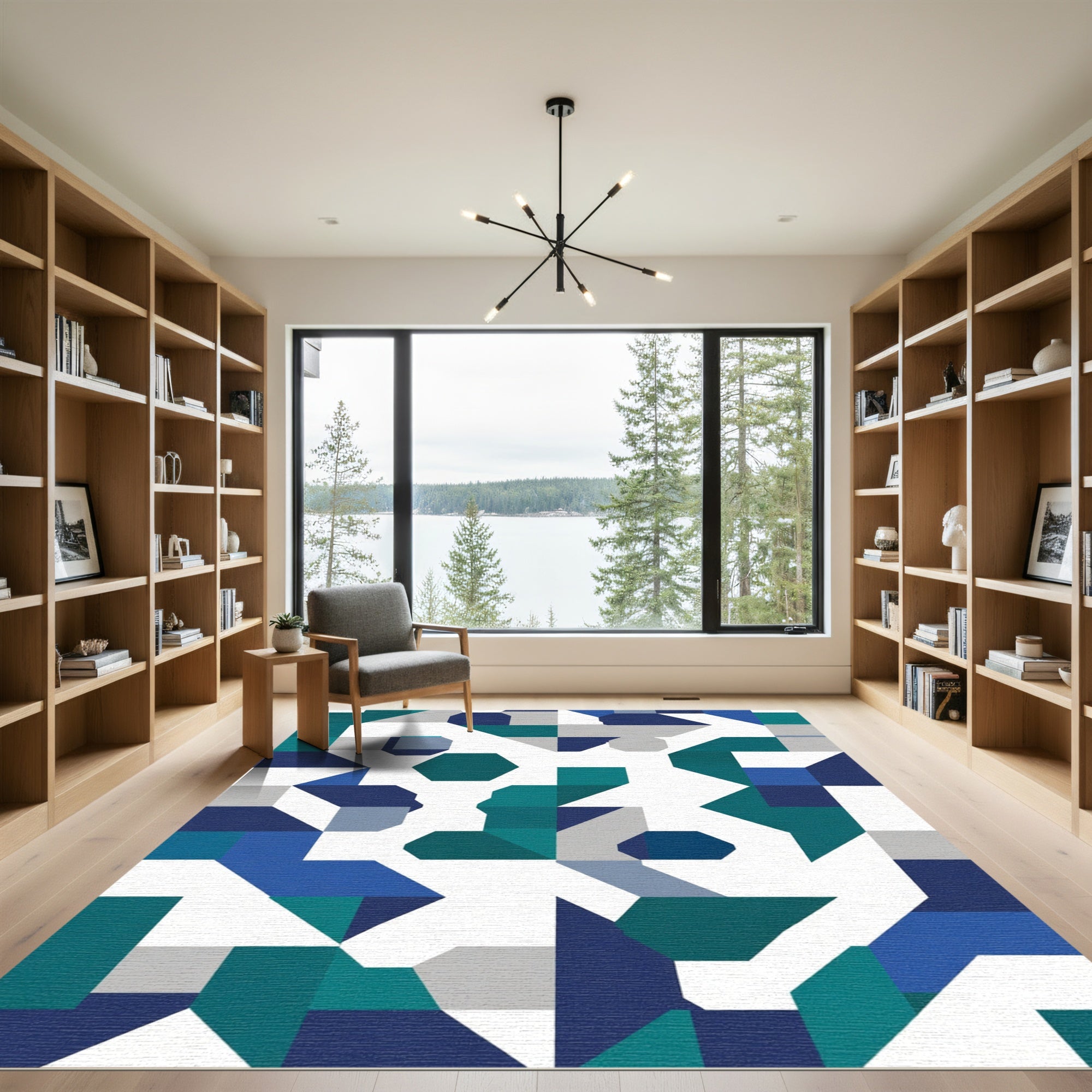 Modern Blue Teal Geometric Abstraction Rug